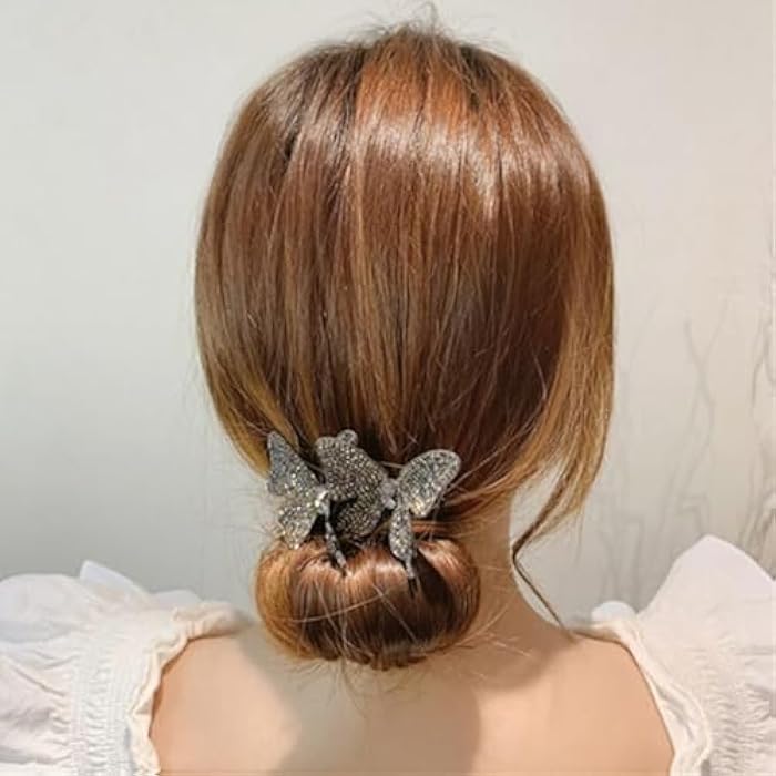 FASHION MANIA 2Pcs Rhinestone Hair Bun maker Butterfly Deft Easy Bun Twister Elegant Hair Curler(Black+Silver) - Image 3